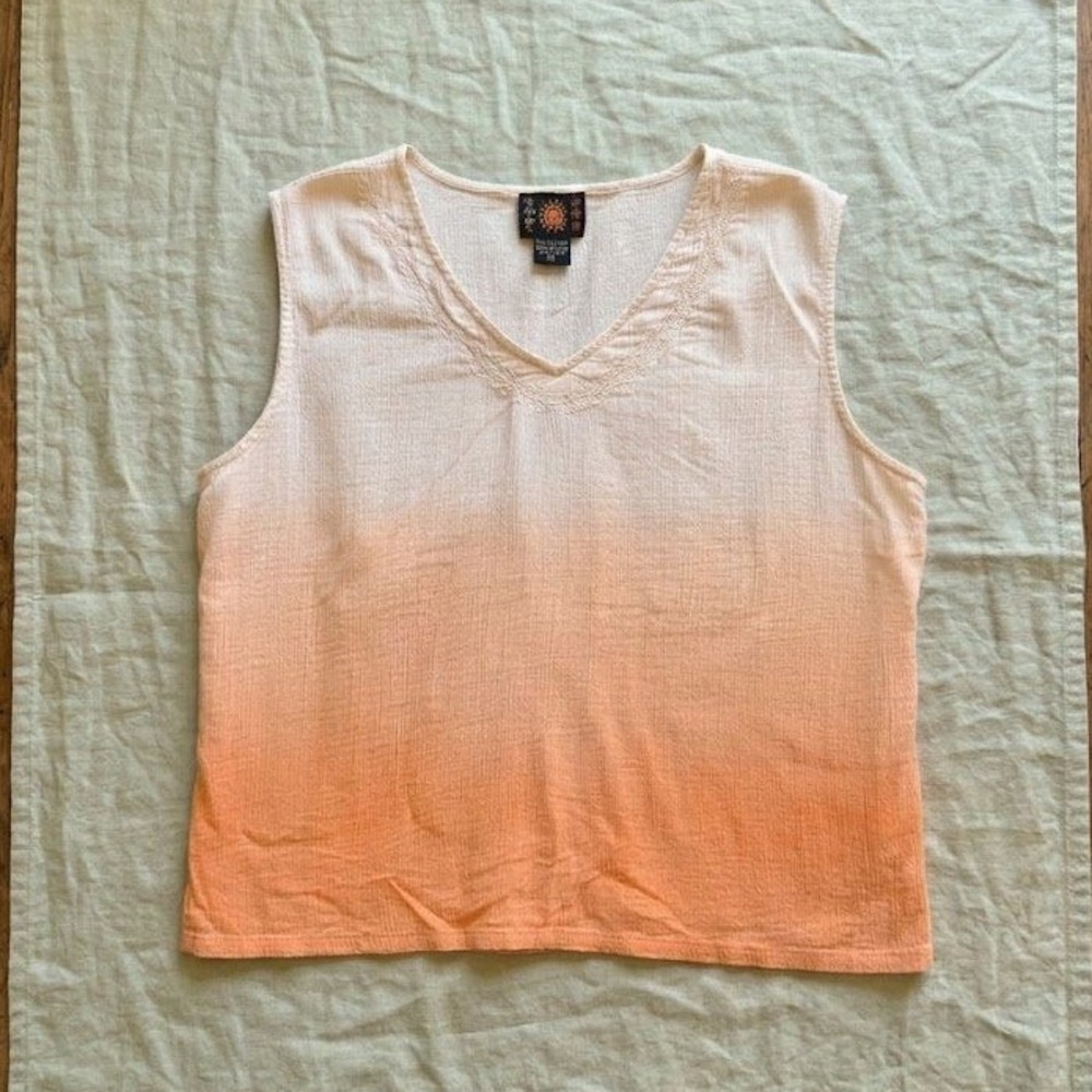 Raya Sun Women XL Peach Ombre Cotton Gauze Embroidered V-Neck Tank Top Boho